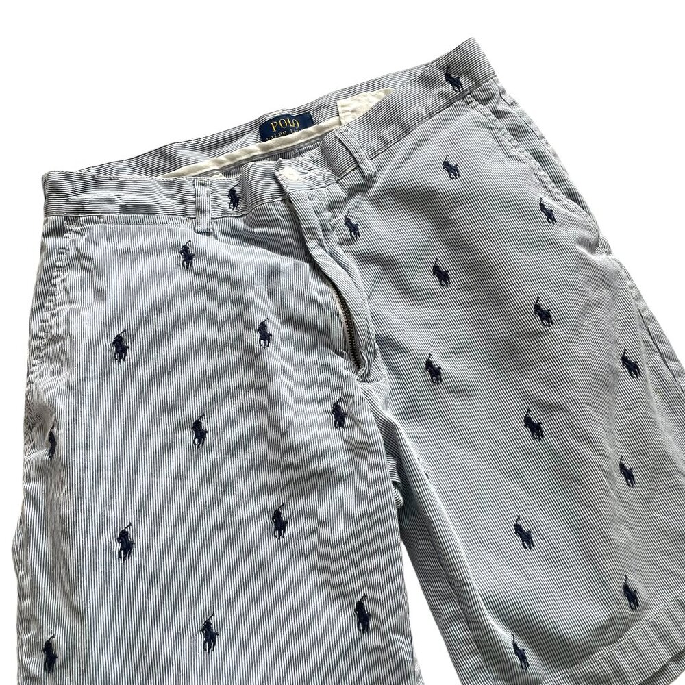 Polo Ralph Lauren Seersucker Shorts Sz 32 Blue White Striped All Over Pony Logo